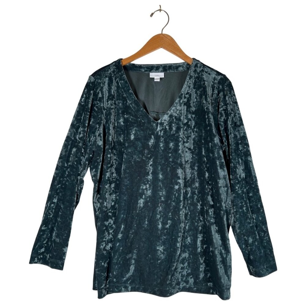 Womens J Jill Size L Forest Green Crushed Velvet Tunic Top BOHO Artsy Holiday